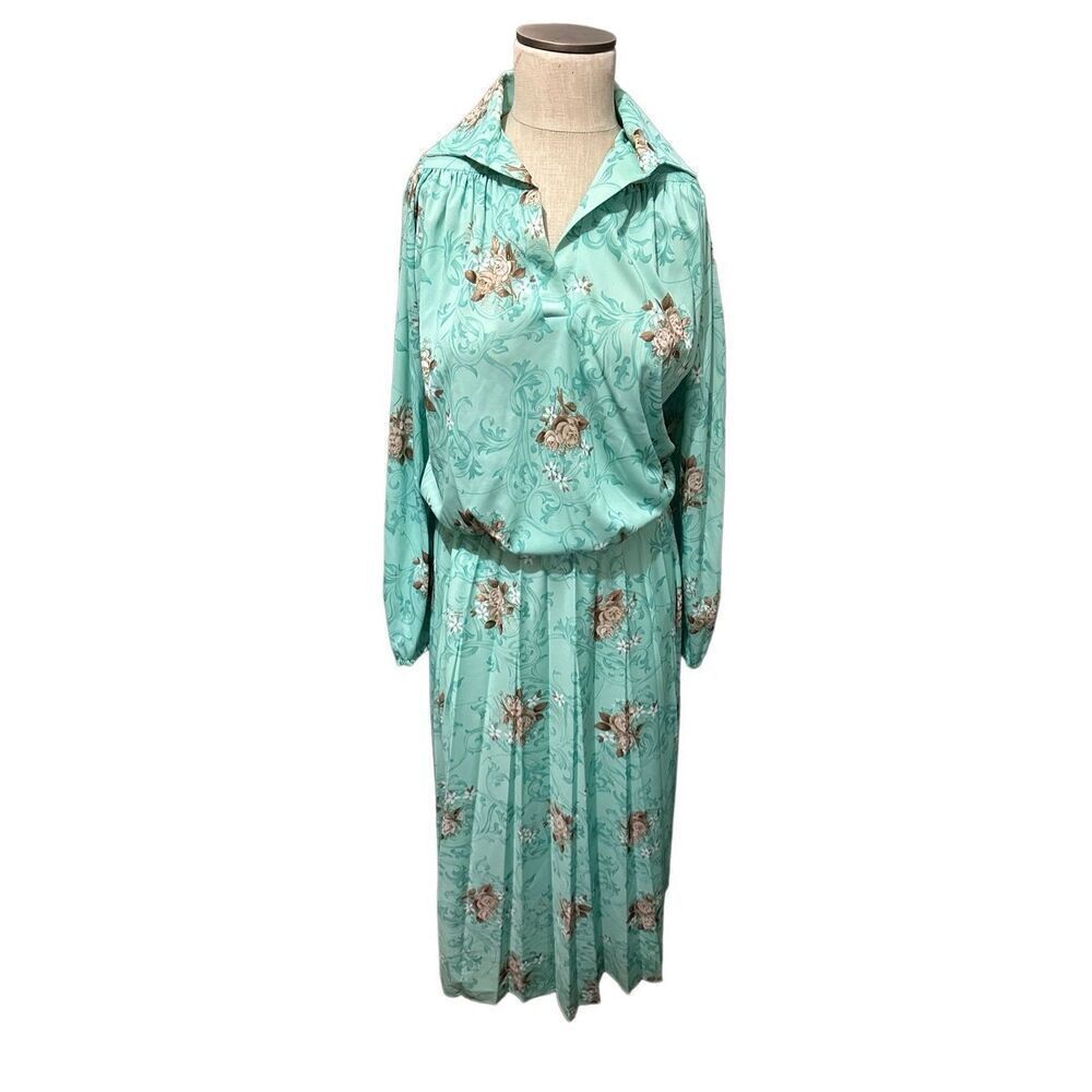 Vintage Women’s New Old Stock Teal Floral Granny Core Midi Skirt Set Pleated L